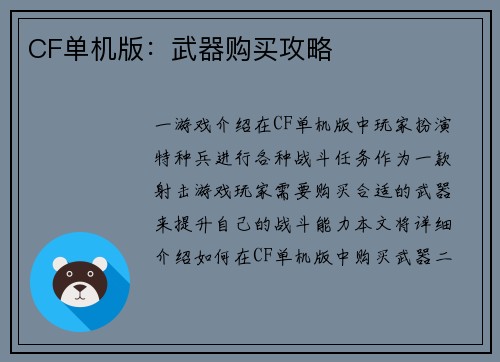 CF单机版：武器购买攻略